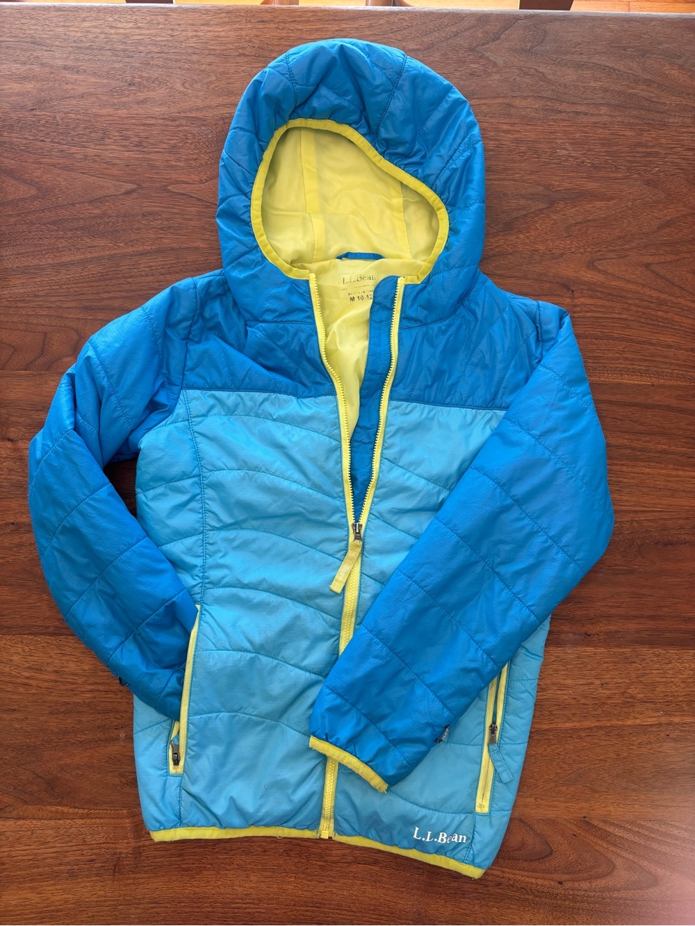 L.L. Bean Kids' Two-Tone Blue Hooded Puffer with Yellow Trim